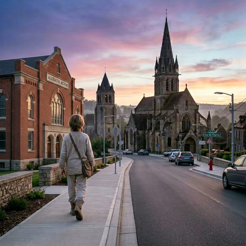 Child walking on cobblestone path near old stone church at sunrise