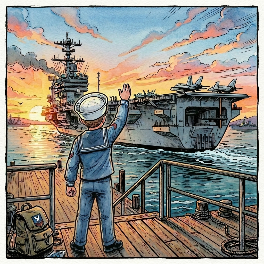 A young man in sailor outfit waving at USS Independence aircraft carrier as it is leaving the harbor.