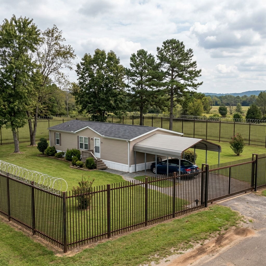 Manufactured home with carport inside a tall security fence
